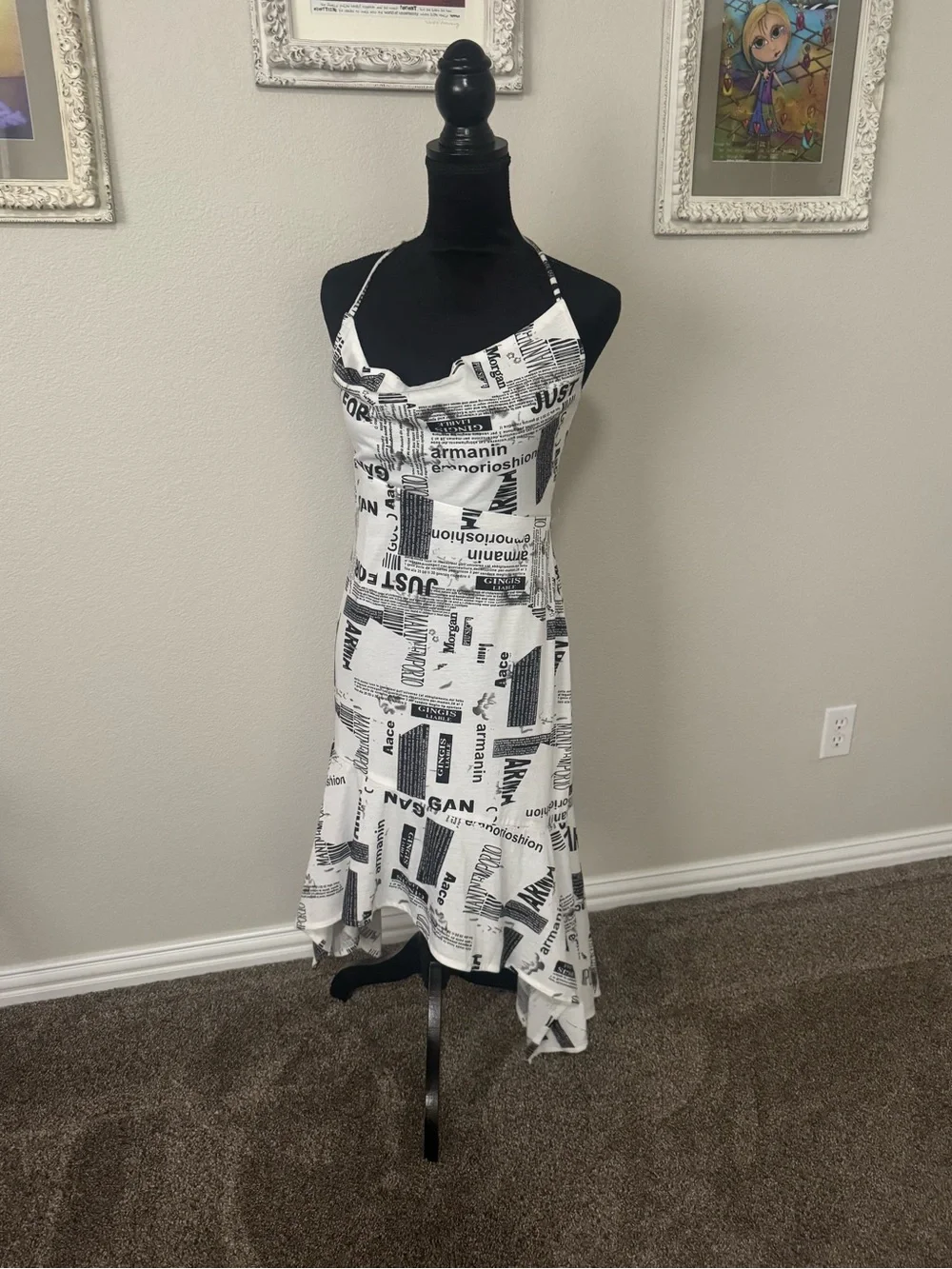 Asymmetrical Cowl-Neck Skirt Dress in White & Black Newspaper Print